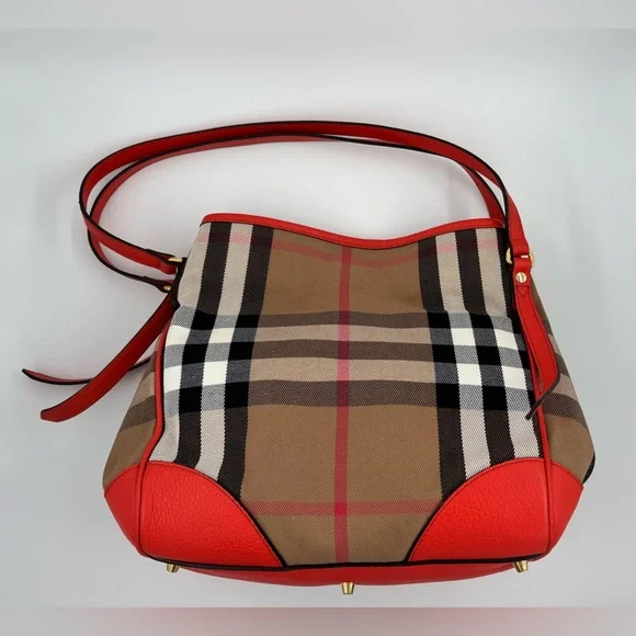 Auth Burberry House Check Canterbury canvas leather orange bag tote purse - Picture 7 of 16